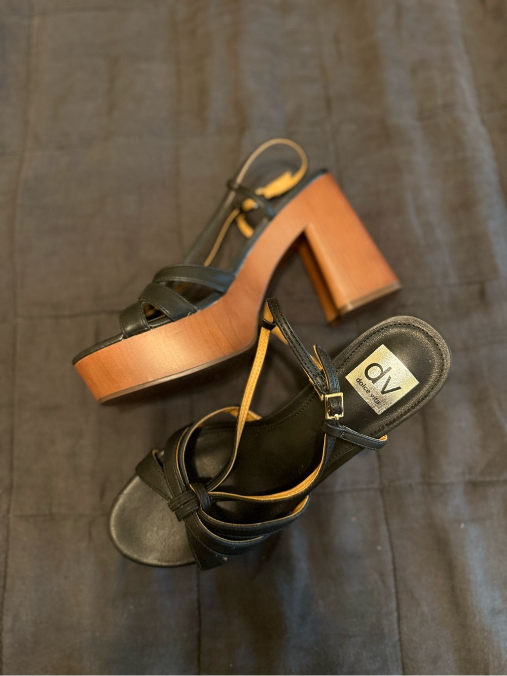 DV by Dolce Vita Black Leather Platform Sandals with Wood-Look Heel